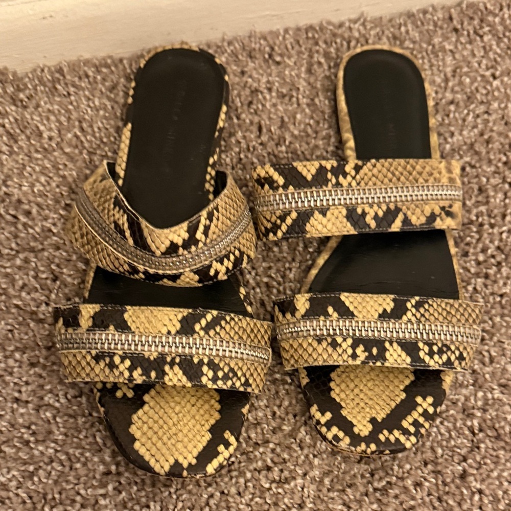 Rebecca Minkoff Black and Tan Snake Print Sandals